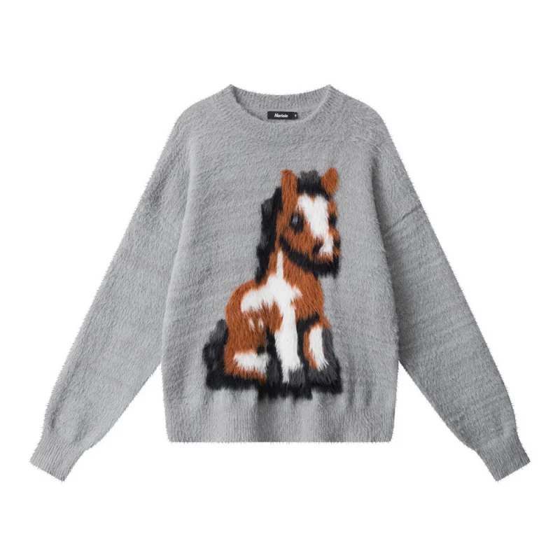 السنة الجديدة للحصان الخريف والشتاء الجديدة الموهير فضفاضة متماسكة سترة جولة الرقبة البلوز كسول ملابس خارجية سترة