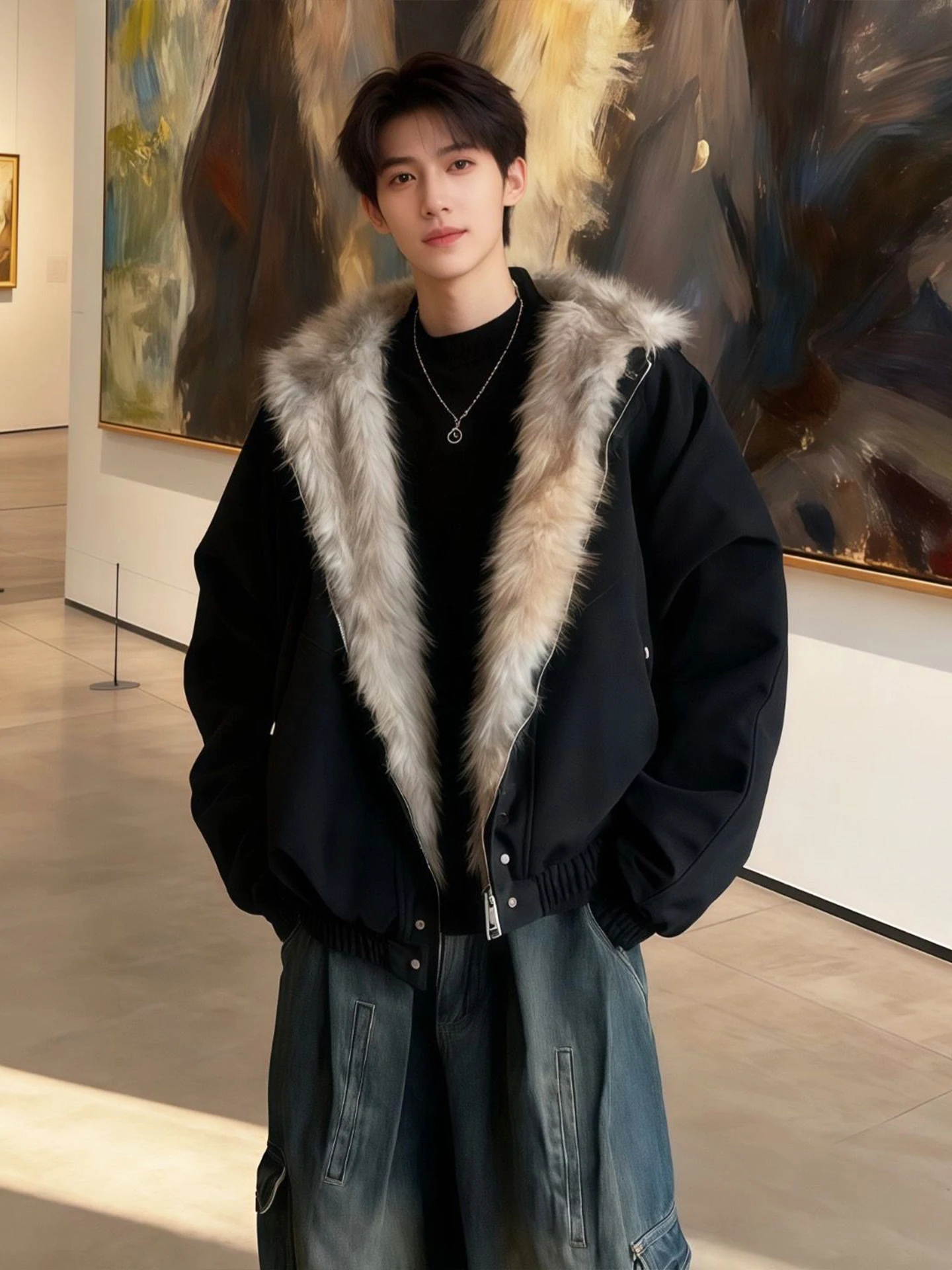 

Мужская хлопковая куртка с меховым воротником, осенне-зимняя, утепленная, повседневная, модная, с капюшоном, теплая, молодежная, свободного кроя