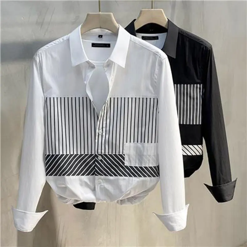 Elegant Fashion Harajuku Slim Fit All Match Shirt Stand Collar Stripe Button Long Sleeve Outerwear Loose Casual Male Clothes