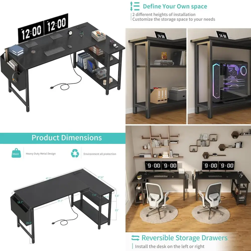 

L-Shaped Computer Desk with Power Outlet Shelves, 47 Inch Corner Desk for Home Office and Bedroom, Study Writing Workspace
