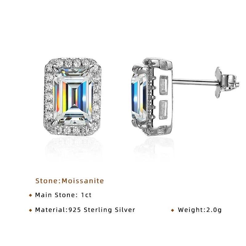 

Moissanite Earring S925 Sterling Sliver Plated D VVS1 Emerald Cut Stud Earrings for Women Gift Fine Jewelry with GRA Certificate