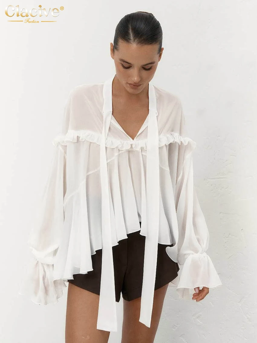 

Clacive Fashion Loose White Women's Shirt 2025 Casual Bow Collar Long Sleeve Shirts Elegant Classic Ruffle Top Female Clothing