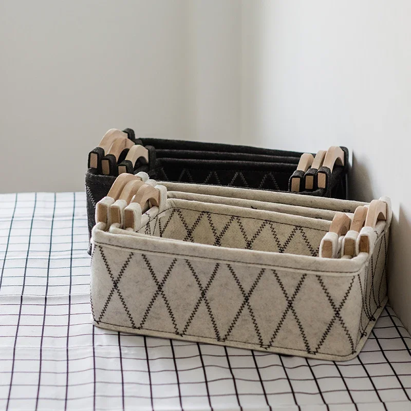 Nordic Style Felt Storage Basket Fabric Desktop Sundries Rectangle Box Three-piece Suit Wooden Handle
