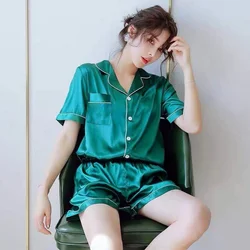 Women’s Satin Pajama Set Summer Short Sleeve Heart Embroidery Button Shirt Shorts 2 Pieces Set Loungewear Sleepwear