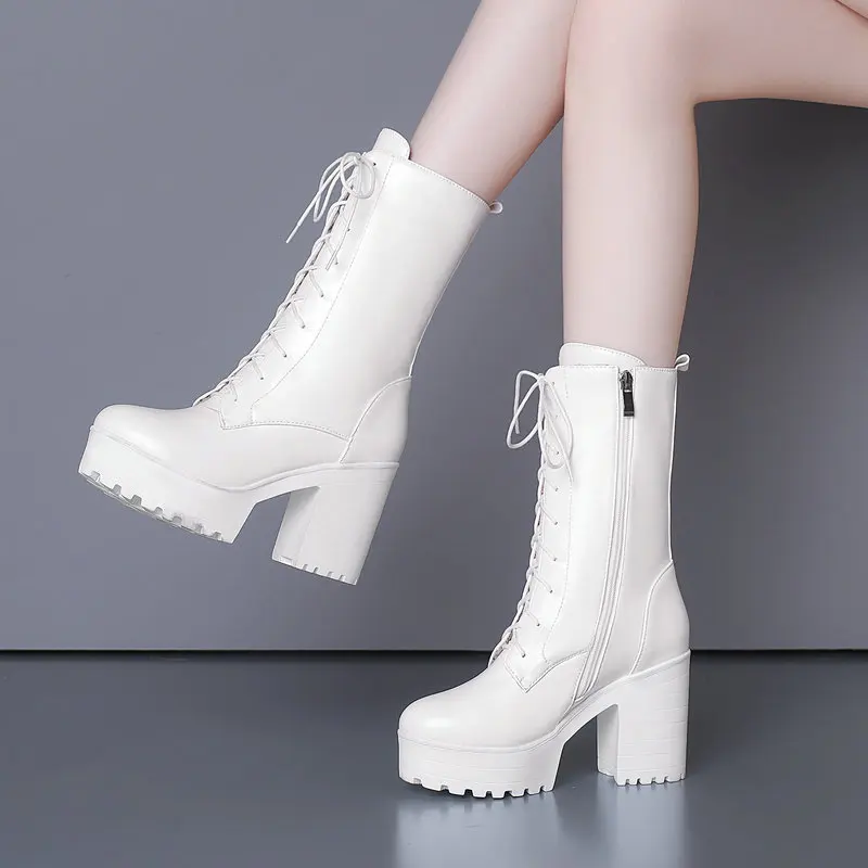 

Plain Black White Lace-up Cross-tied Round Toe Chunky Block High Heels Motorcycle Boots Zipper Up Platform Winter Warm Shoes