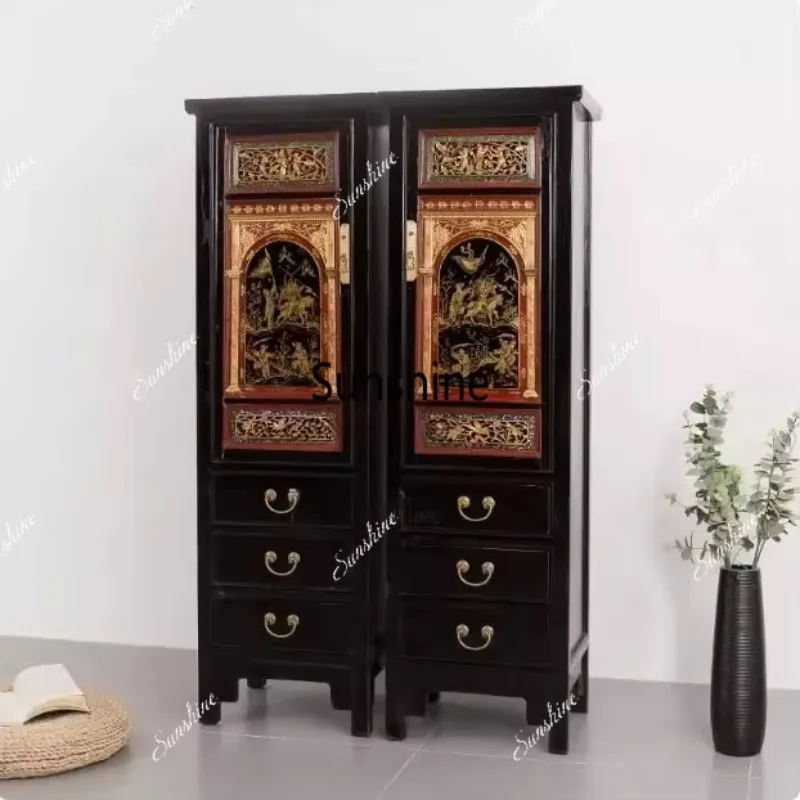Chinese-style antique-style solid wood painted wardrobe and tea room storage rack