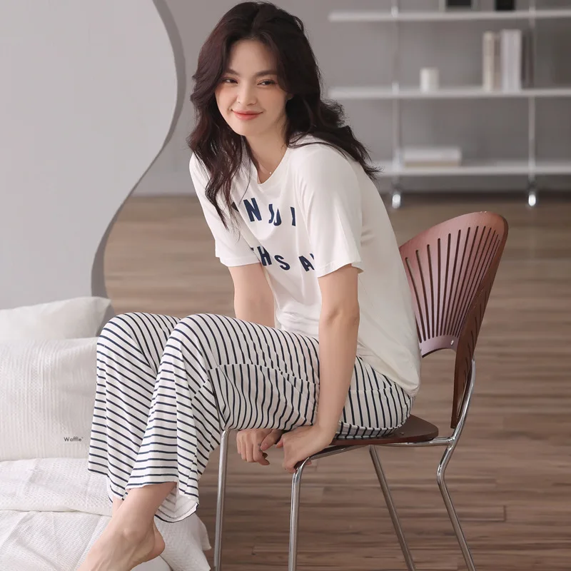 Spring Summer Casual Home Clothes Short Sleeve Striped Nine Point Trousers Set Modal Round Neck Pajamas Women Pijama Mujer