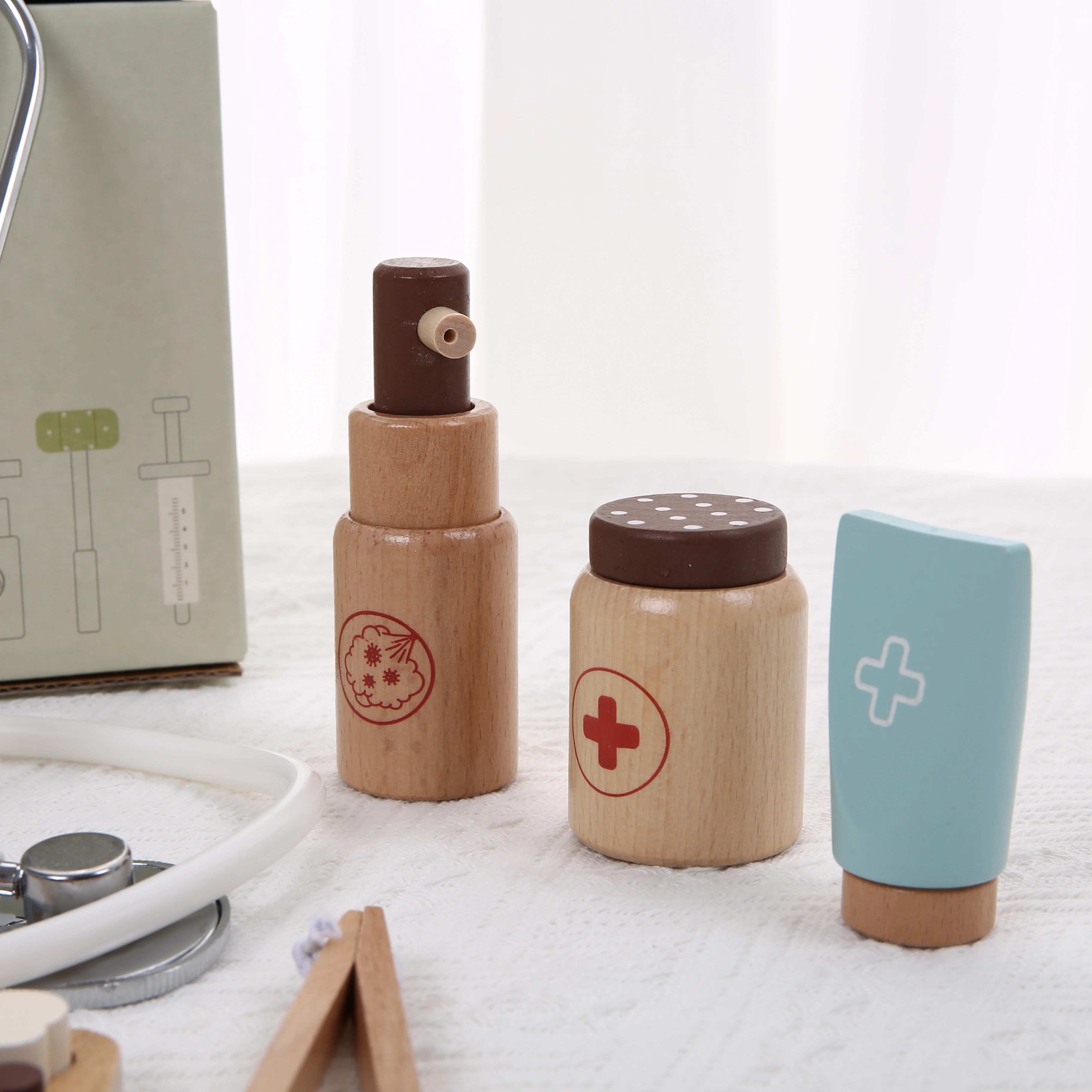 Kit medico per stetoscopio da infermiera simulato per bambini, set di siringhe, giocattolo per casa da gioco per ragazzi in legno