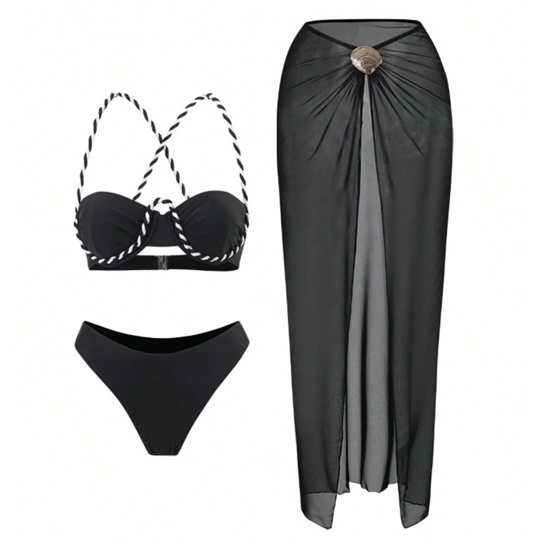 XS - L 3-teiliges Set mit Rock, Bügel-Bikini, Damen-Badeanzug, Damen-Bademode, dreiteiliges Bikini-Set, Badebekleidung, Badeanzug, Schwimmbekleidung V8045 – Detail 3