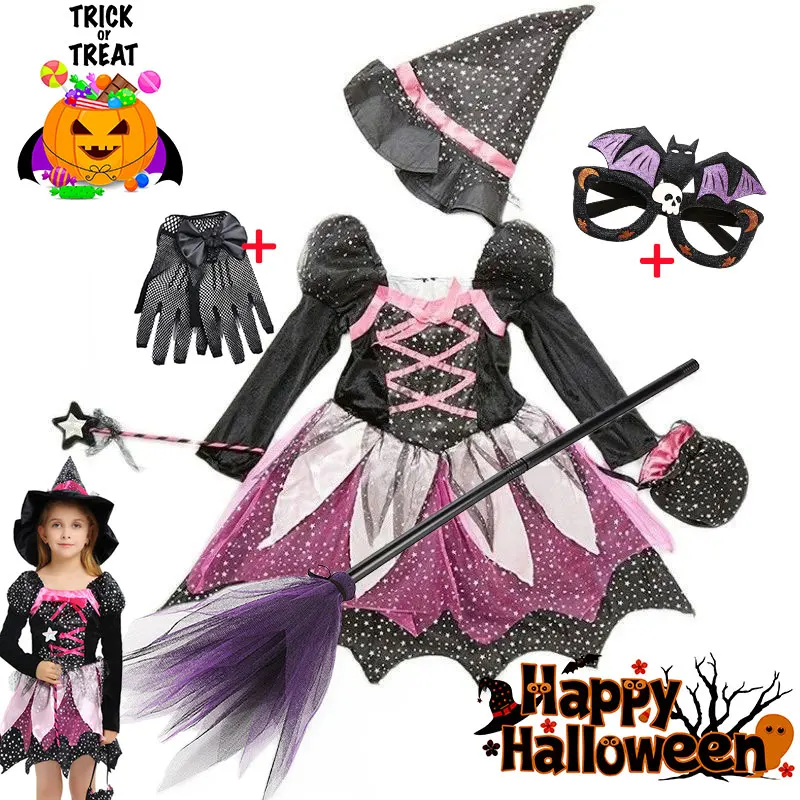Little Girl Witch Disguise Halloween Treat or Trick Festival Wizard Costume Play Dress+Witch Hat+Wand+Bag All Saint's Eve Dress