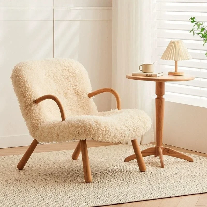 For lazy rocking chair small apartment balcony solid wood Internet celebrity lamb wool single rocking chair home leisure