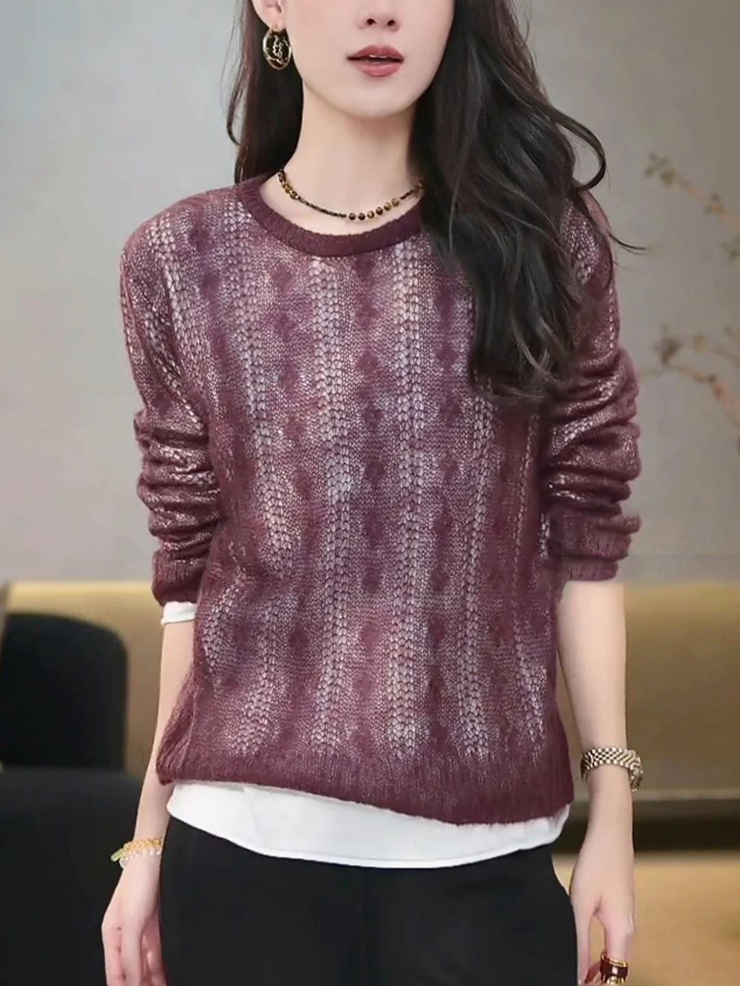 

Стильный модный корейский вязаный свитер винного цвета с длинными рукавами, осенне-зимняя новинка, трендовый топ с эффектом двухслойности