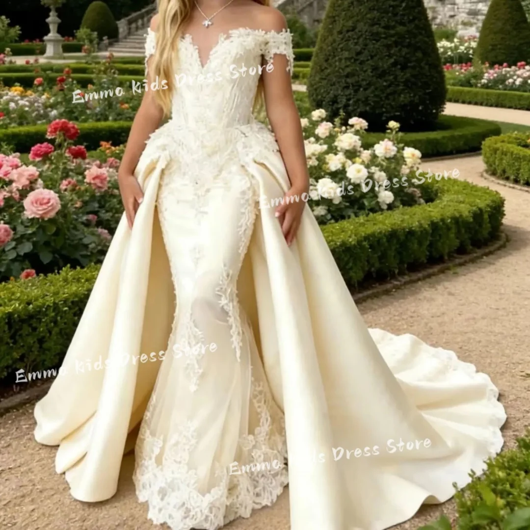 Robe de demoiselle d'honneur élégante en satin sur mesure, robe de princesse sirène avec appliques en dentelle, robe de scène à ourlet asymétrique, robe de première communion