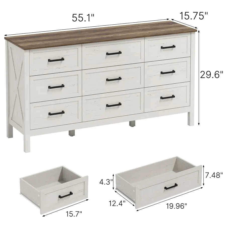 Boerderij 9-laden dressoir voor slaapkamer, 55 brede houten rustieke ladekast met natuurlijke textuur, metalen handvat, opbergjurk