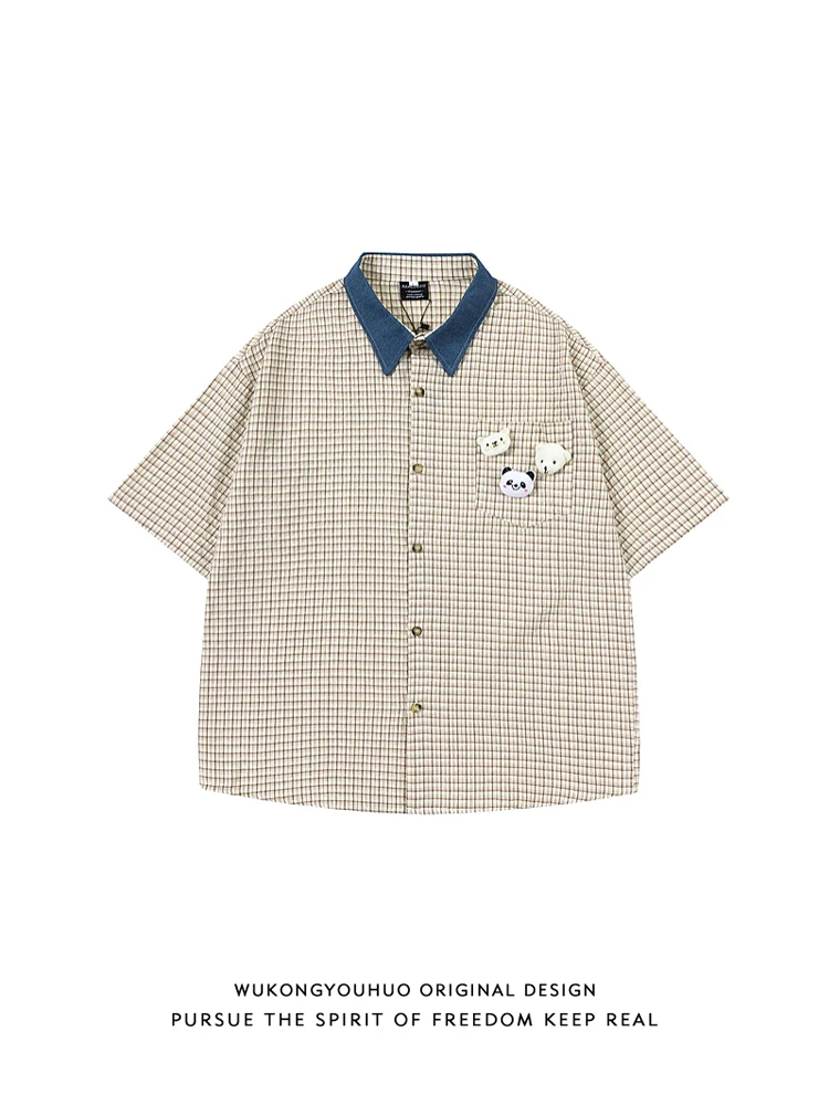 

Summer Casual Plaid Design Loose Fit ort Sve irt Men's Vintage Turn-down Collar Couple's irt Breathable Skin-friendly