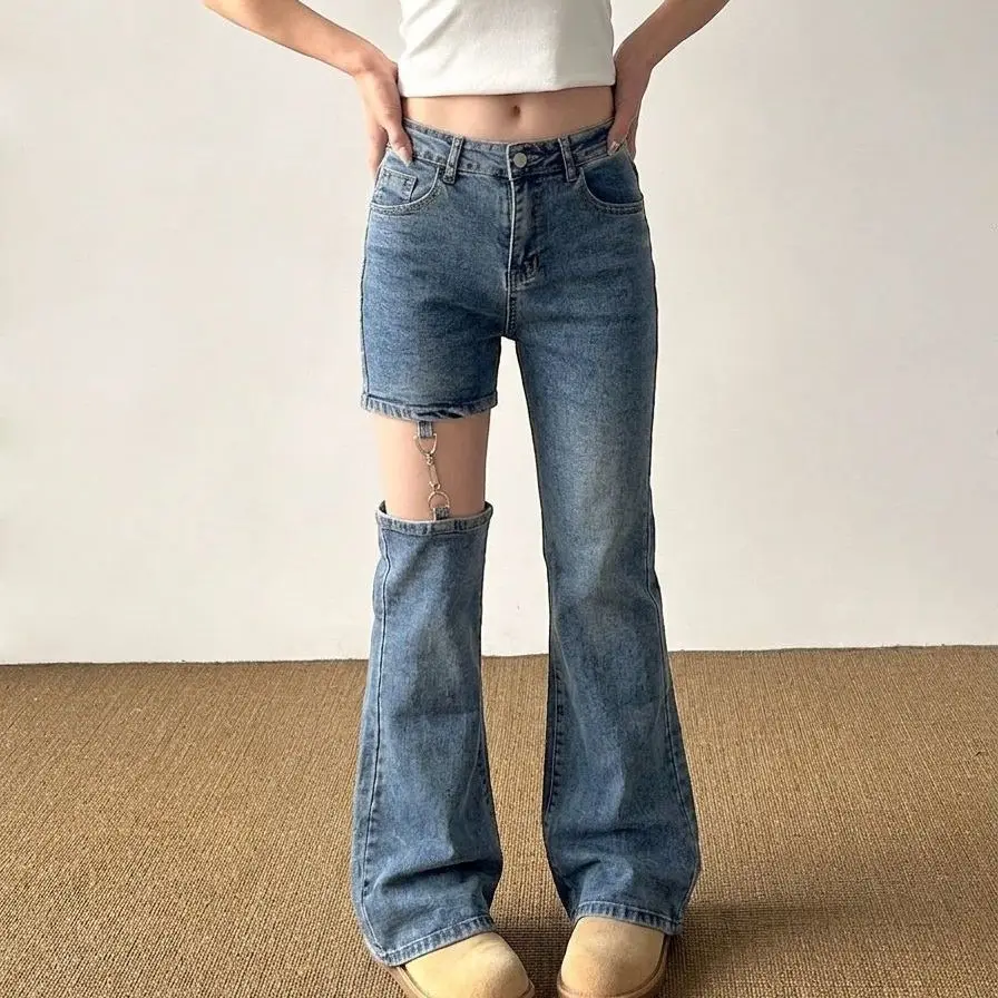 Removable Leg Cover Design Retro Sexy Micro-pull Jeans Women's Loose Baggy Jeans