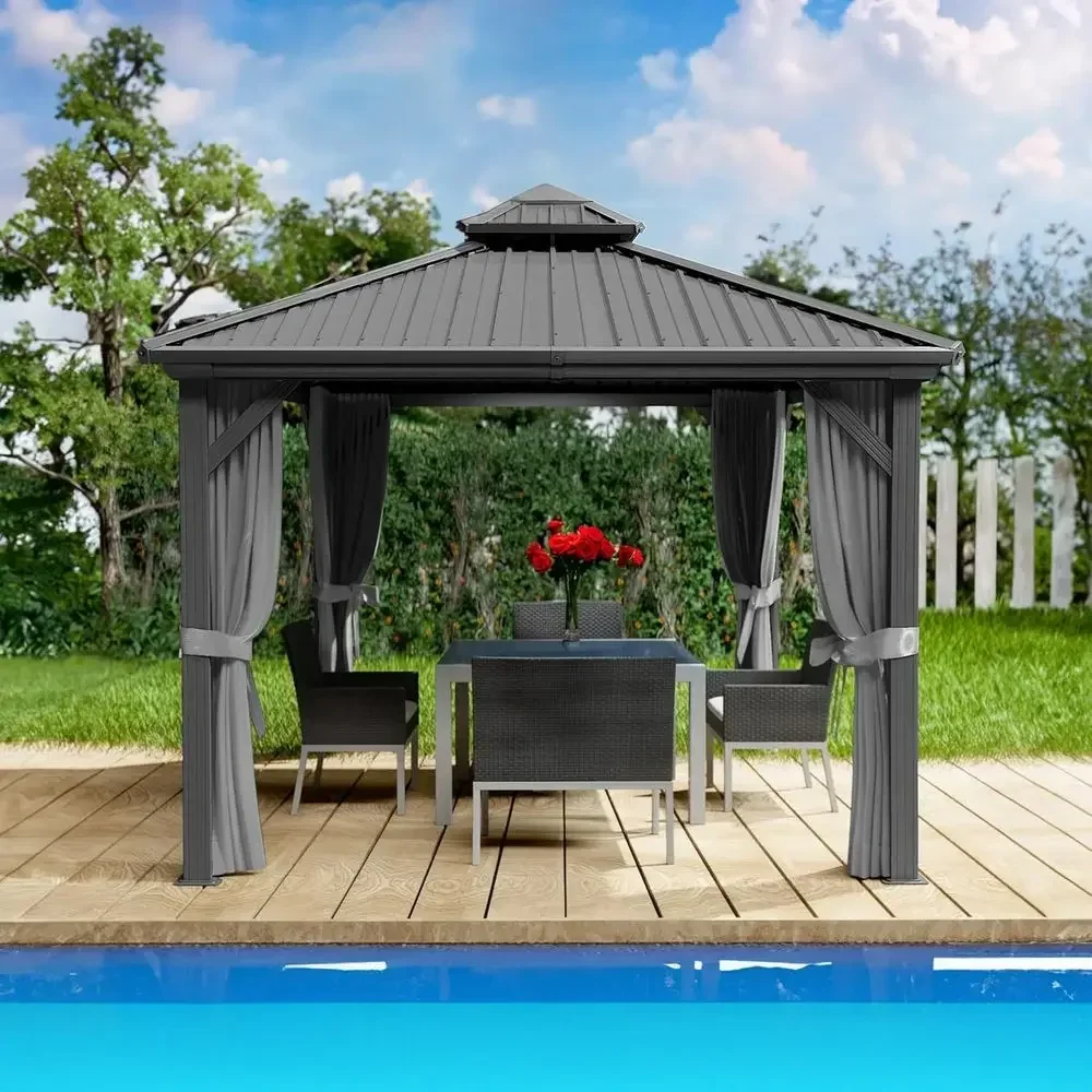 Caesar 10'x10' Hardtop Gazebo - Permanent Metal Pavilion with Netting and Shaded Curtains or Patio, Backyard, and Deck - Galvani