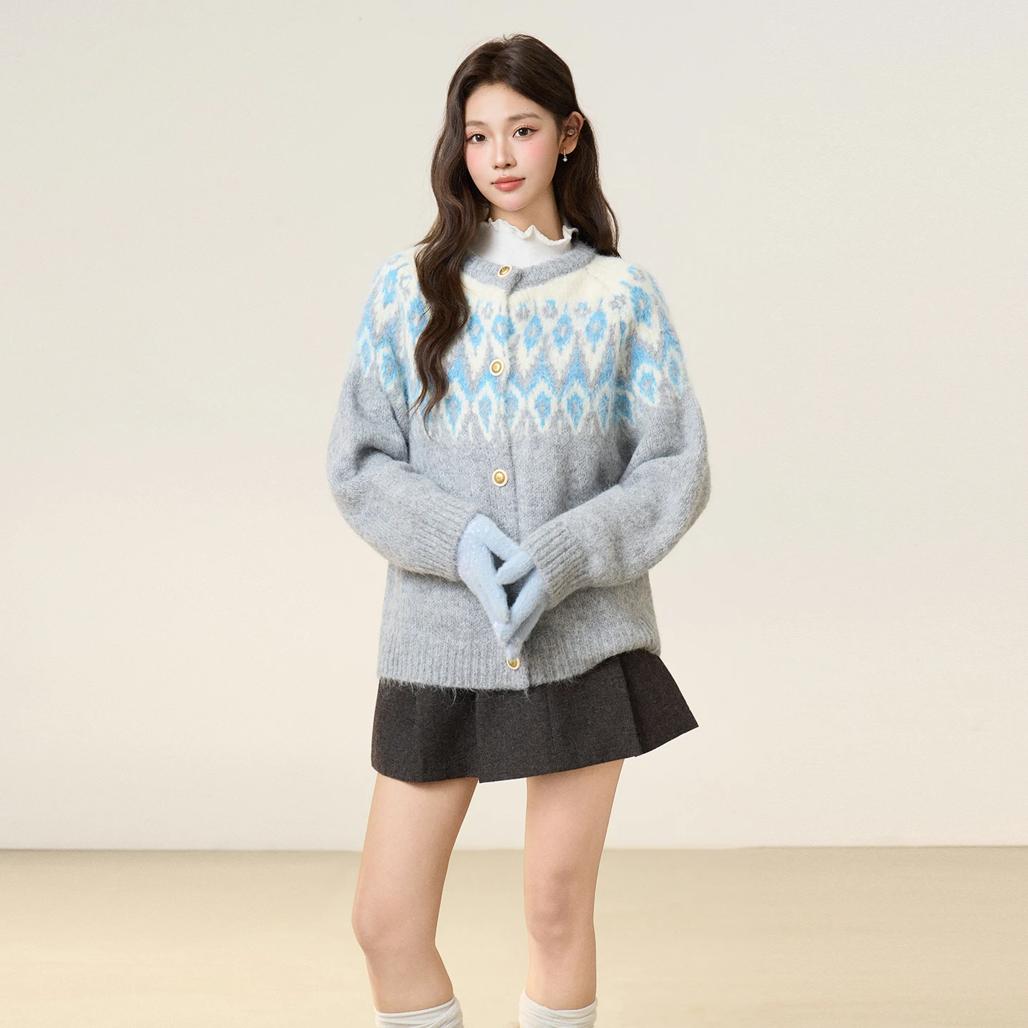 Lazy Wind Fel Island-suéter de cuello redondo con contraste de Jacquard para mujer, cárdigan de punto suelto para otoño e invierno