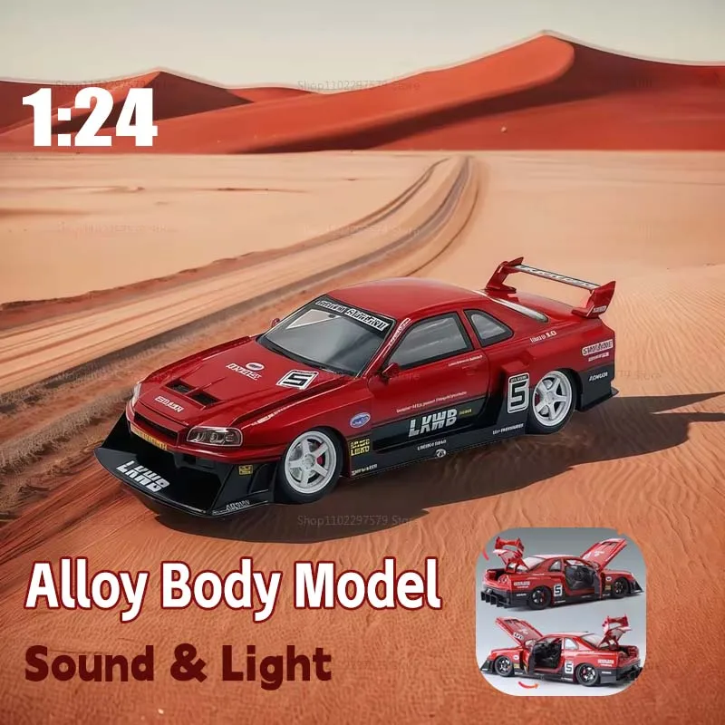 

1:24 GTR R34 Diecast Car Model with Lights Sound Remote Control Alloy Sports Toy Collectible Gift for Kids and Car Enthusiasts
