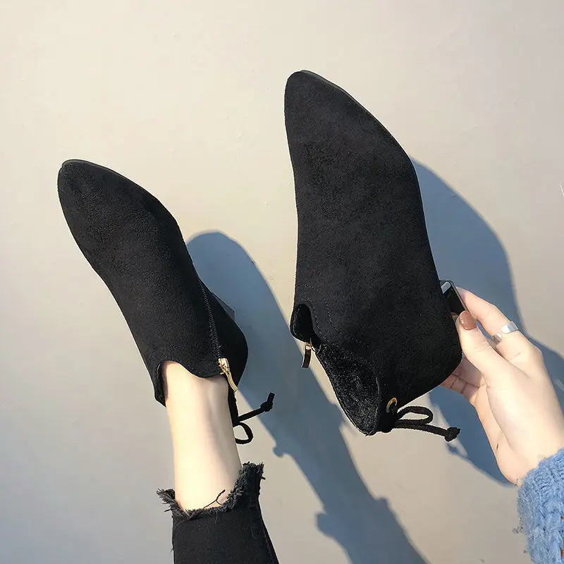 Female Ankle Boots Suede Booties Elegant with Low Heels Black Footwear Pointed Toe Short Shoes for Women New In Comfortable Sale