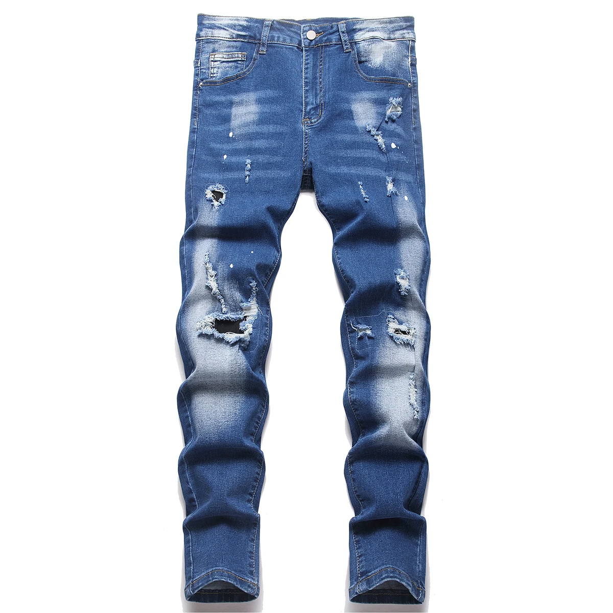 High Stretch Vintage Men Denim Jeans Slim Fit Comfortable Skinny Patch Work Denim Pants Hip Hop Ripped Hole Streetwear Trousers