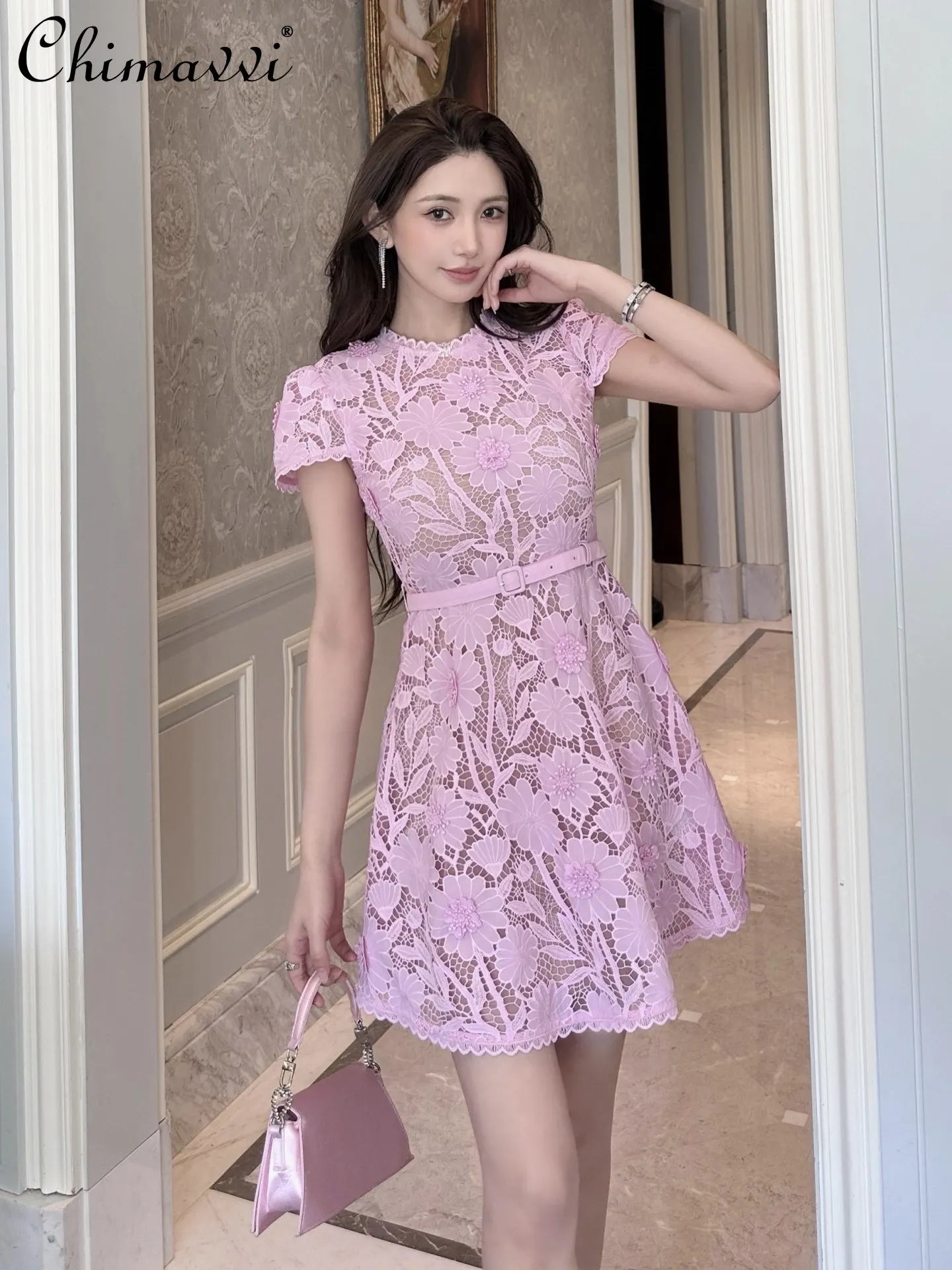 

Pink Sweet Hollow-out 3d Lace Round Neck Short Sleeve Dress New 2026 Summer High-end Fashion Elegant Party Women's Dress
