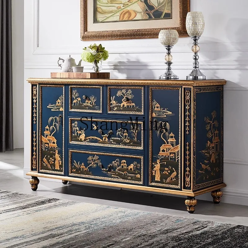 

SM light luxury solid wood carving painted dining side cabinet retro style living room entrance corridor decorative cabinet