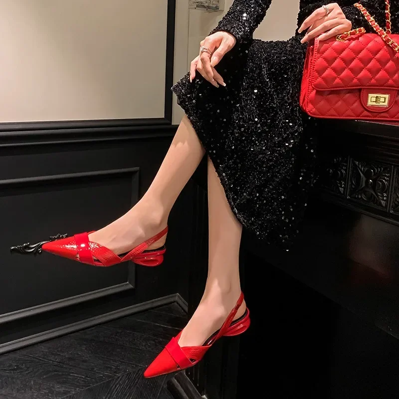 Luxury Patent Leather Women\'s Pumps Low Heeled Hollowed Out Thick Soles High-end Silvery Sandals Woman 2026 Pointed Single Shoes