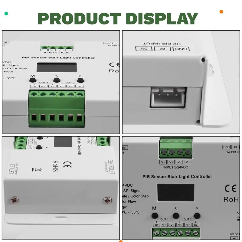 

Контроллер для светодиодной подсветки лестниц A92Z ES24 24CH, одноцветный/RGB, с датчиком PIR, 5-24В DC, для 24 ступеней