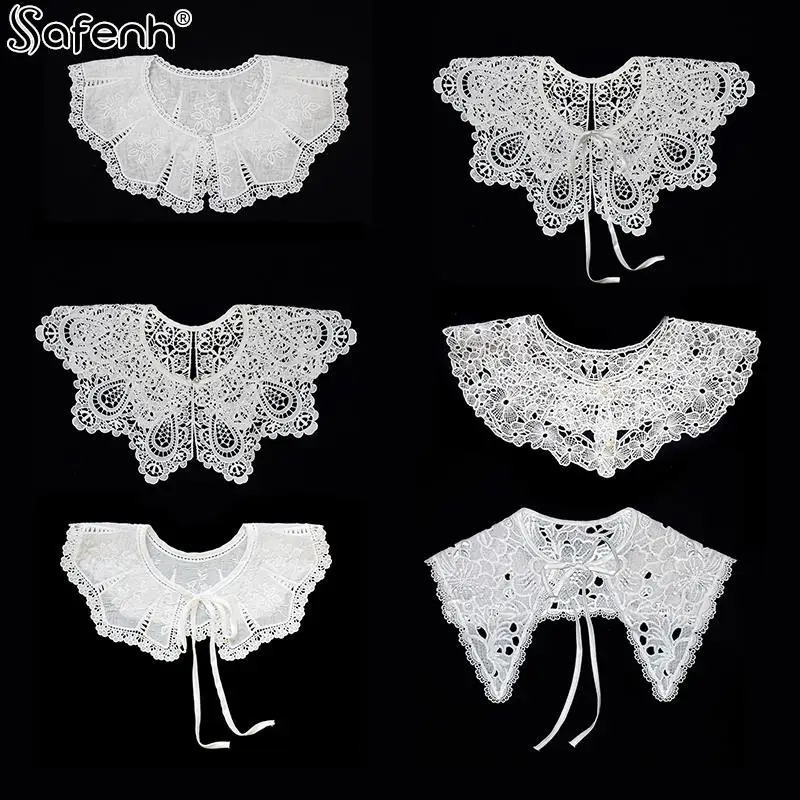 18style Fashion Vintage Palace Style Women Doll Fake Collar Hollow Out Crochet Lace Half Shirt Shawl With Imitation Pearl Bowtie