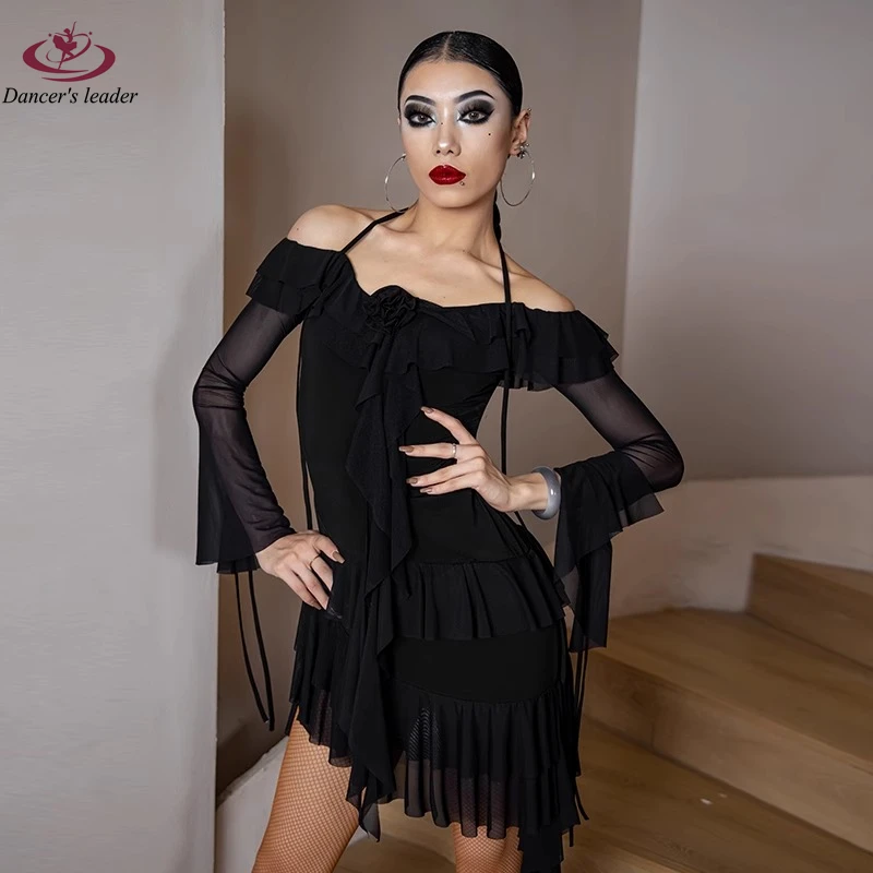 Latin Dance Autumn/Winter Style Temperament Dress Hanging Neck Ruffles Sambalumba Female Adult Stage Professional Clothing