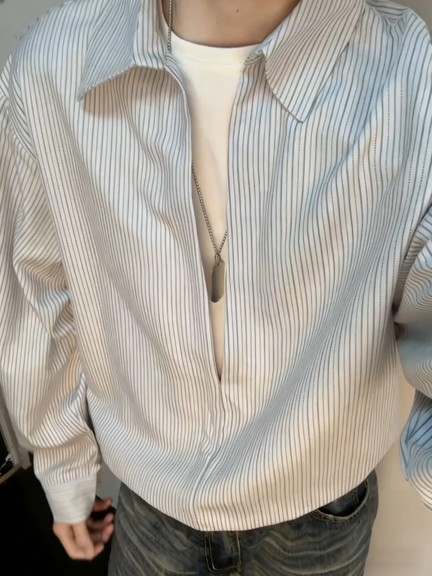 

American Sle Striped Men's irt Long Sve V-Ne Casual Breathable Loose Fit Spring Design Korean Sle Top