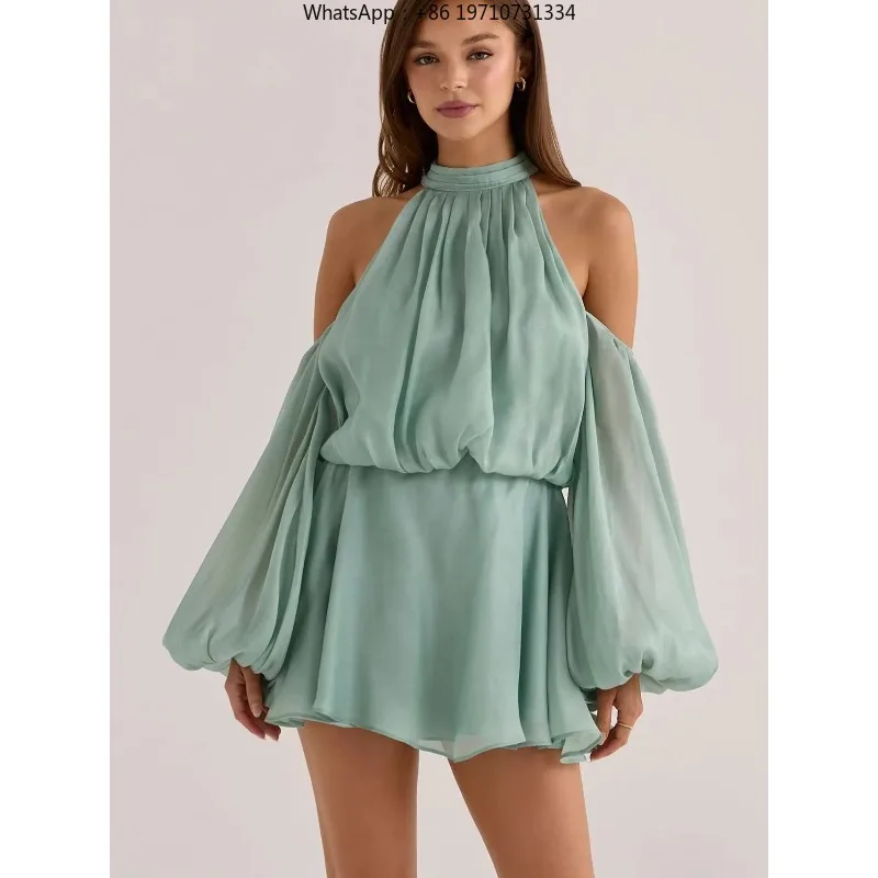 2026 New Women's French Style Fresh Halter Neck High Collar Ruched Off-shoulder Bell Sleeve Summer Dress