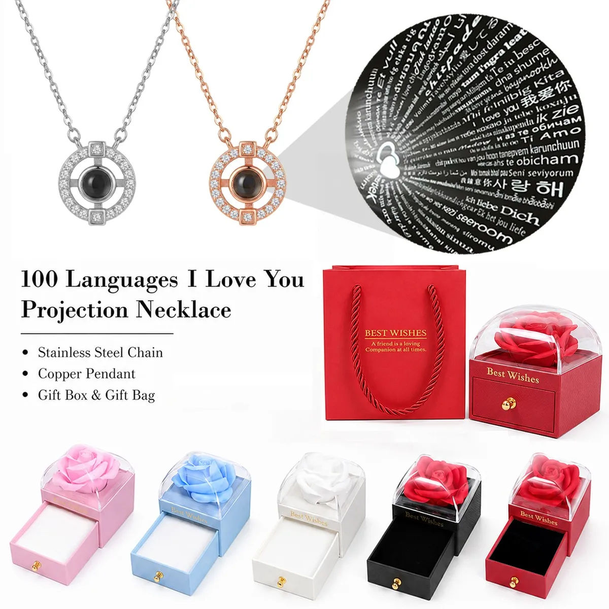 Round Pendant 100 Languages Projection Necklaces With Rose Gift Box For Women Mother Christmas Valentine Birthday Jewelry