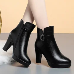 Chunky Heel Platform Women Cotton Shoes Soft Leather Winter Warm Thick Plush Anti-slip Simple Fashion High Heel Snow Boots