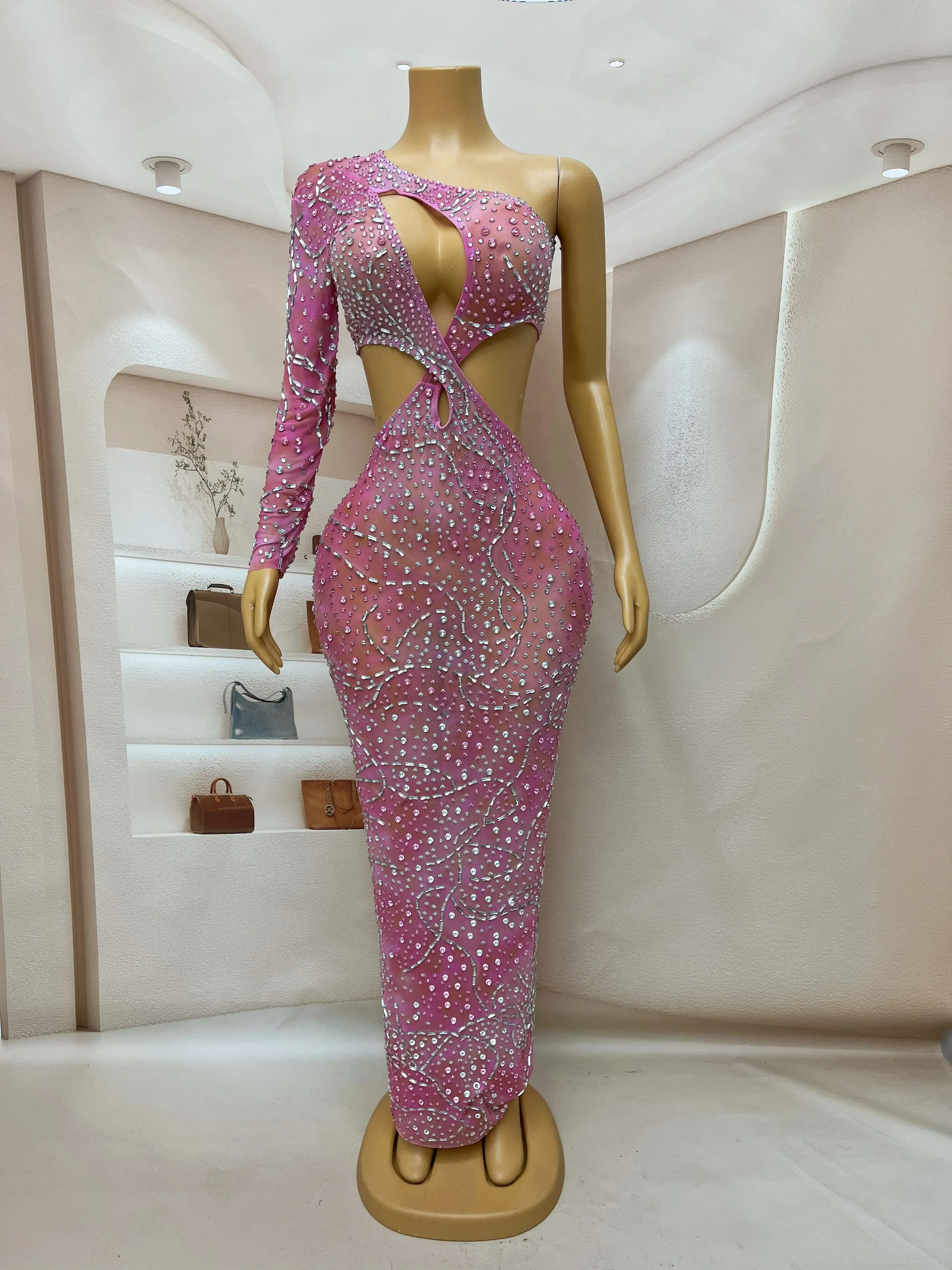 ชุดเดรสผ้าโปร่งแต่งพลอยเทียมเอวเป็นรูสีชมพูกะพริบสำหรับวันเกิดชุดเดรสเซ็กซี่แฟนซีไซเรน