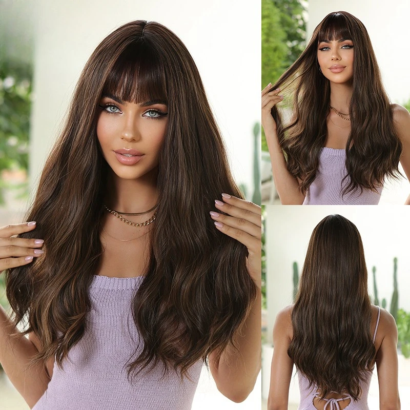 

Женский парик из высокотемпературного шелка, элегантные длинные волосы, темно-коричневый, с челкой и большими волнами, повседневные свидания