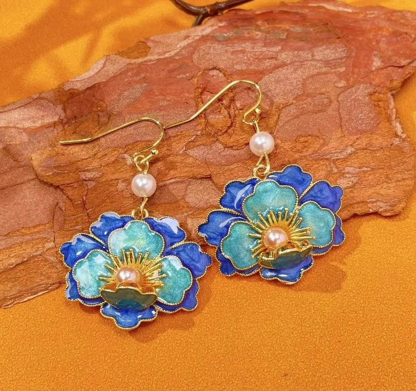 

Chinese Style Cloisonne Enamel Vintage Alloy Peony Flower Pearl Earrings for Women Hanfu Cheongsam Ceremony Ornament Girls Gift