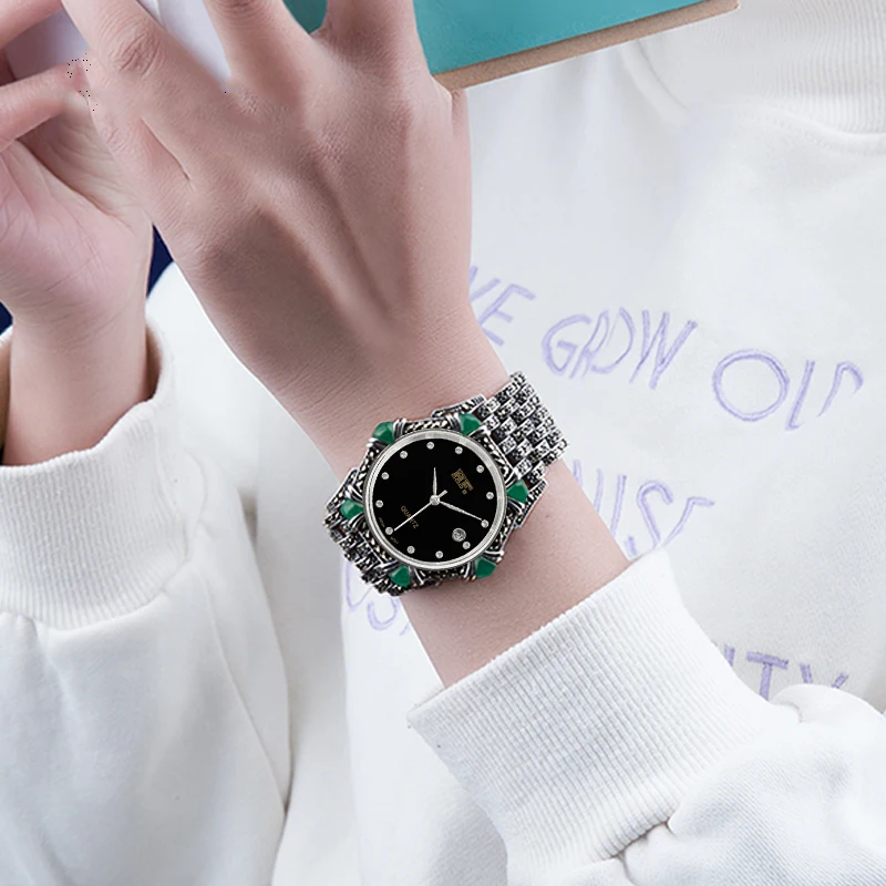 YYSUNNY Classic Polygon Watch S925 Sterling Silver Strap Inlaid Green Onyx Vintage High Quality Ladies Jewelry Birthday Gift
