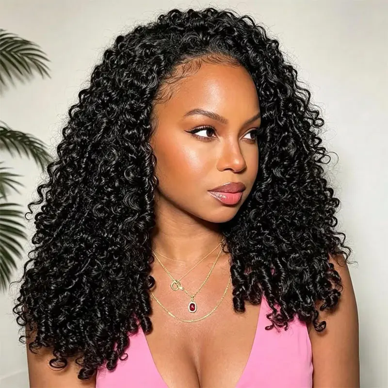 Half Wig Burmese Curly Wig 180% Density Machine Made Wig Wear Go Wig Upgrade With Drawstring Natural Black Color Cap Natural Black Color Geginner Friendly Wigs