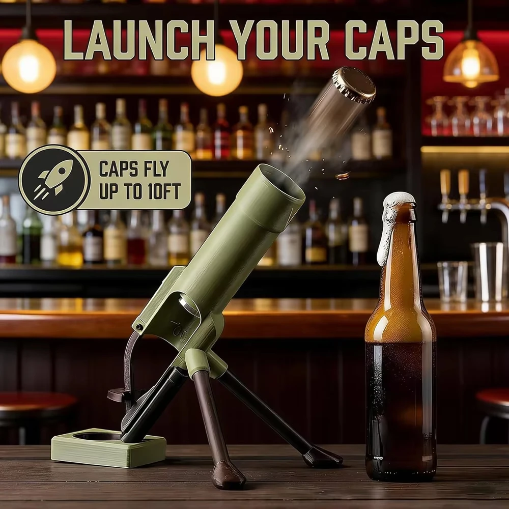 Heavy Duty Tactical Mortar Beer Bottle Opener, Handsfree Push Down Cap Launcher, Creative Party Game Tool for 330ml