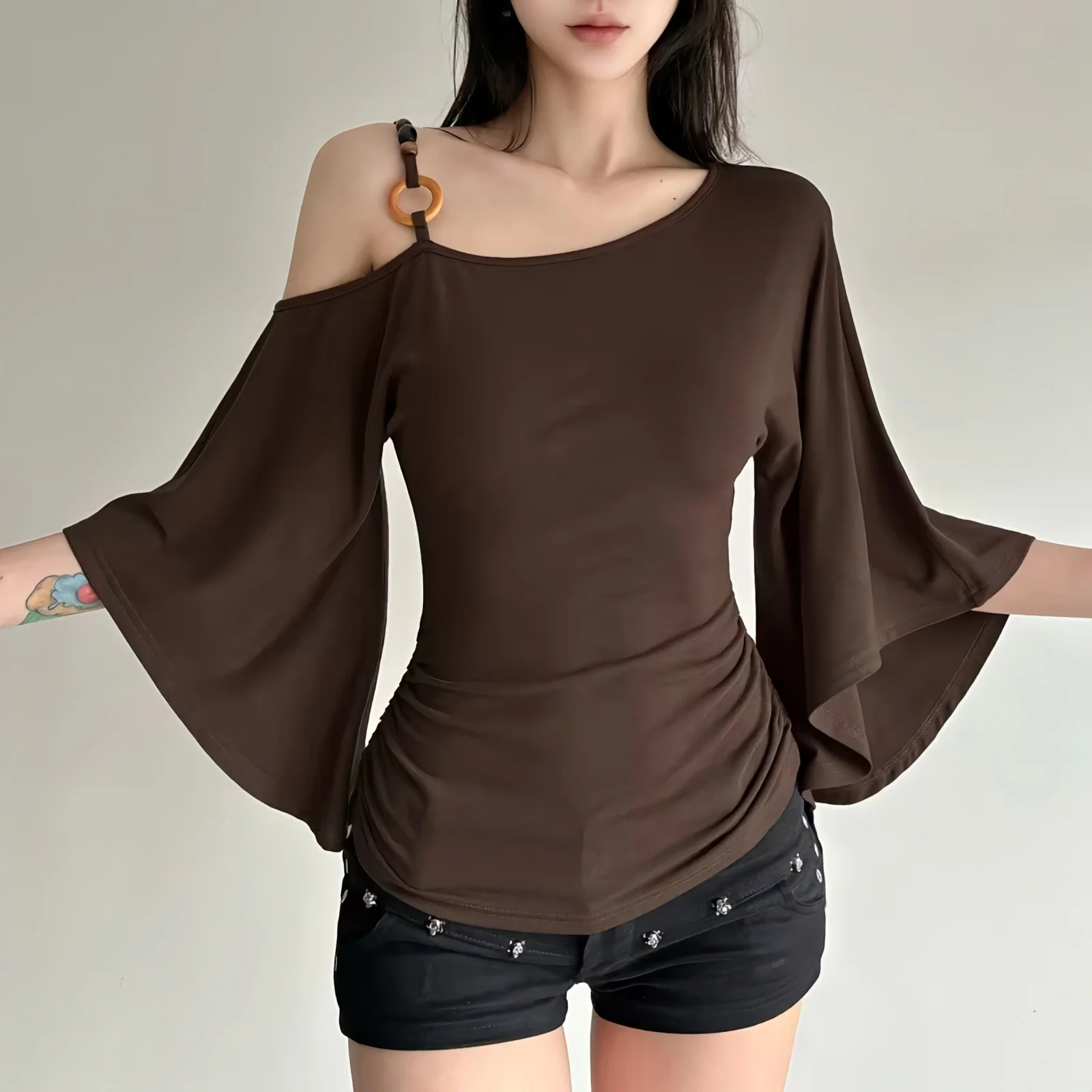 Women Y2K Wooden Ring One Cold Shoulder Top Flare Sleeve Ruched Waist Slim Fit Vintage Boho Blouse Tee