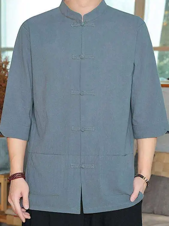 

Men's Linen Short Sleeve Shirt Chinese Style Cotton Linen Men's Seven Sleeve Shirt Summer Retro Top Men's Clothing