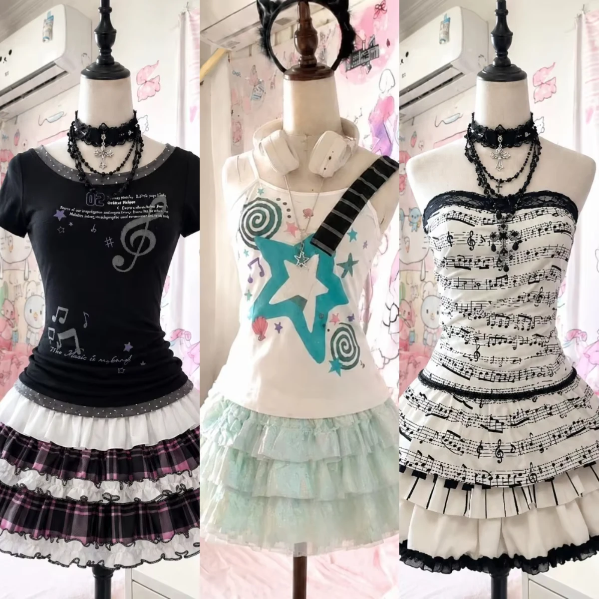 Japanese Harajuku Women Two Piece Outfit Piano Print Slim Top Mini Skirt Retro Y2K American Vintage Daily Street Matching Sets