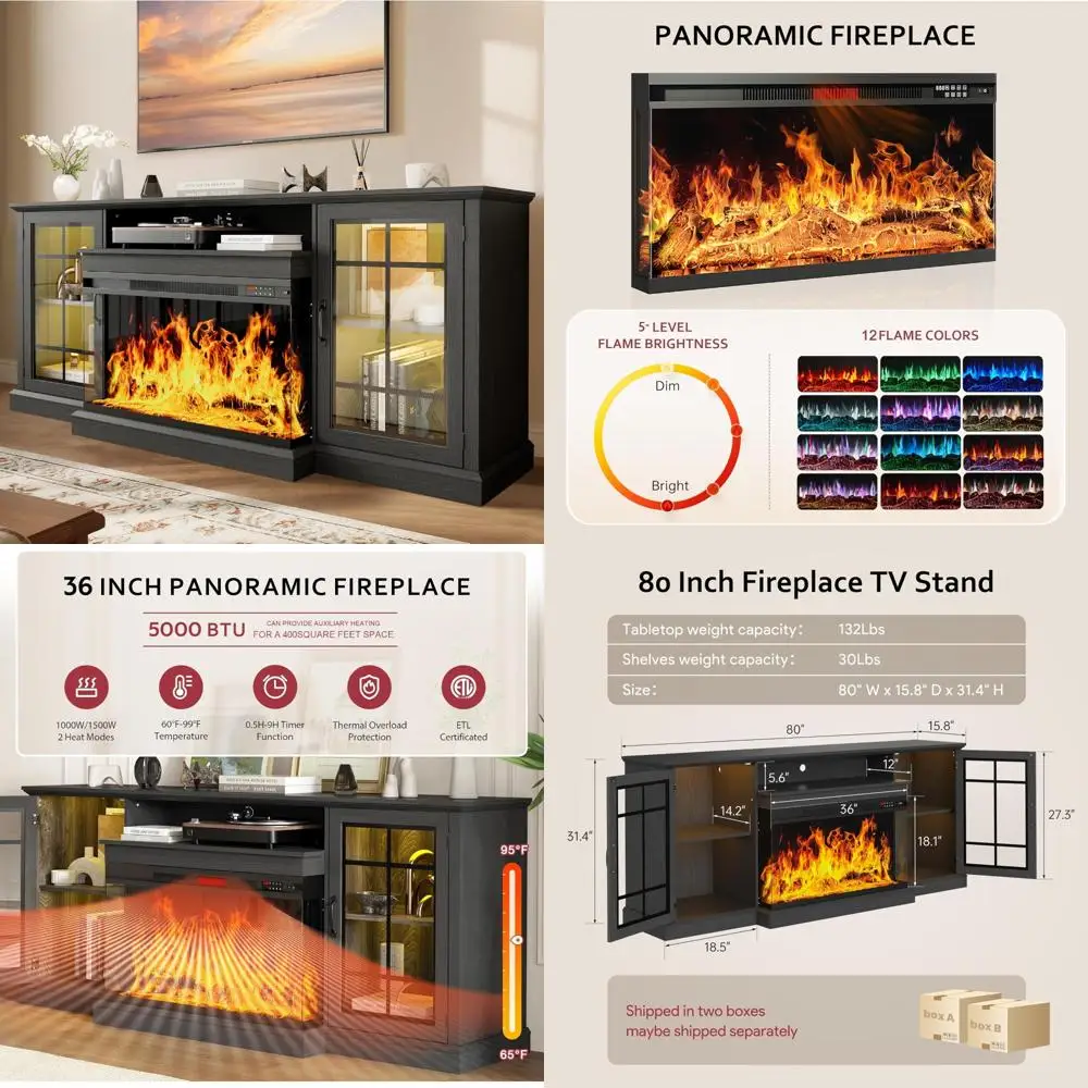

80 Inch Fireplace TV Stand with 3-Sided Glass, Modern Entertainment Center for TVs up to 85 Inches