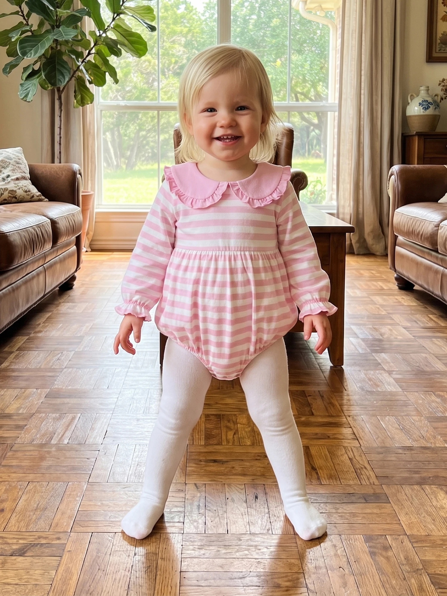 Ruffle Doll Striped Romper Ruffle Doll Collar Striped Bodysuits Ruffle Doll Collar Sleeve-Bodysuits Fall Romper Ruffle
