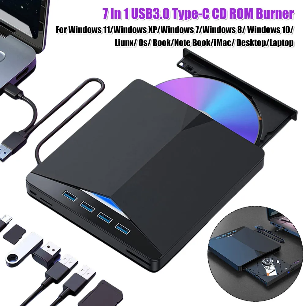 

Внешний мобильный привод USB3.0 Type-C 7-в-1 для чтения и записи CD/DVD дисков, Plug-and-Play, для Windows 11/10/8/7/Linux/OS