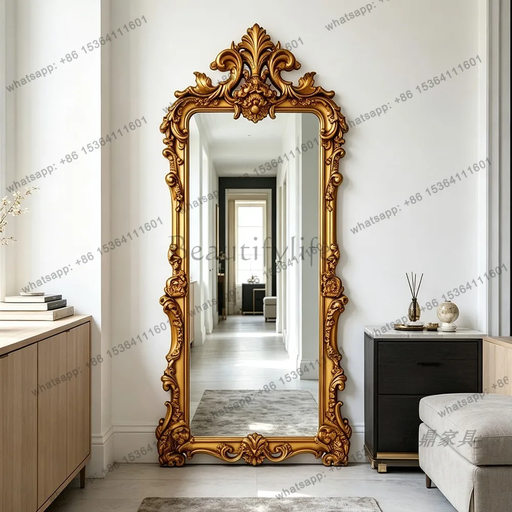 YJ French Retro American Mid-century Carved Full Length Mirror Luxury Wall Leaning Floor Mirror For Living Room Entryway Decor