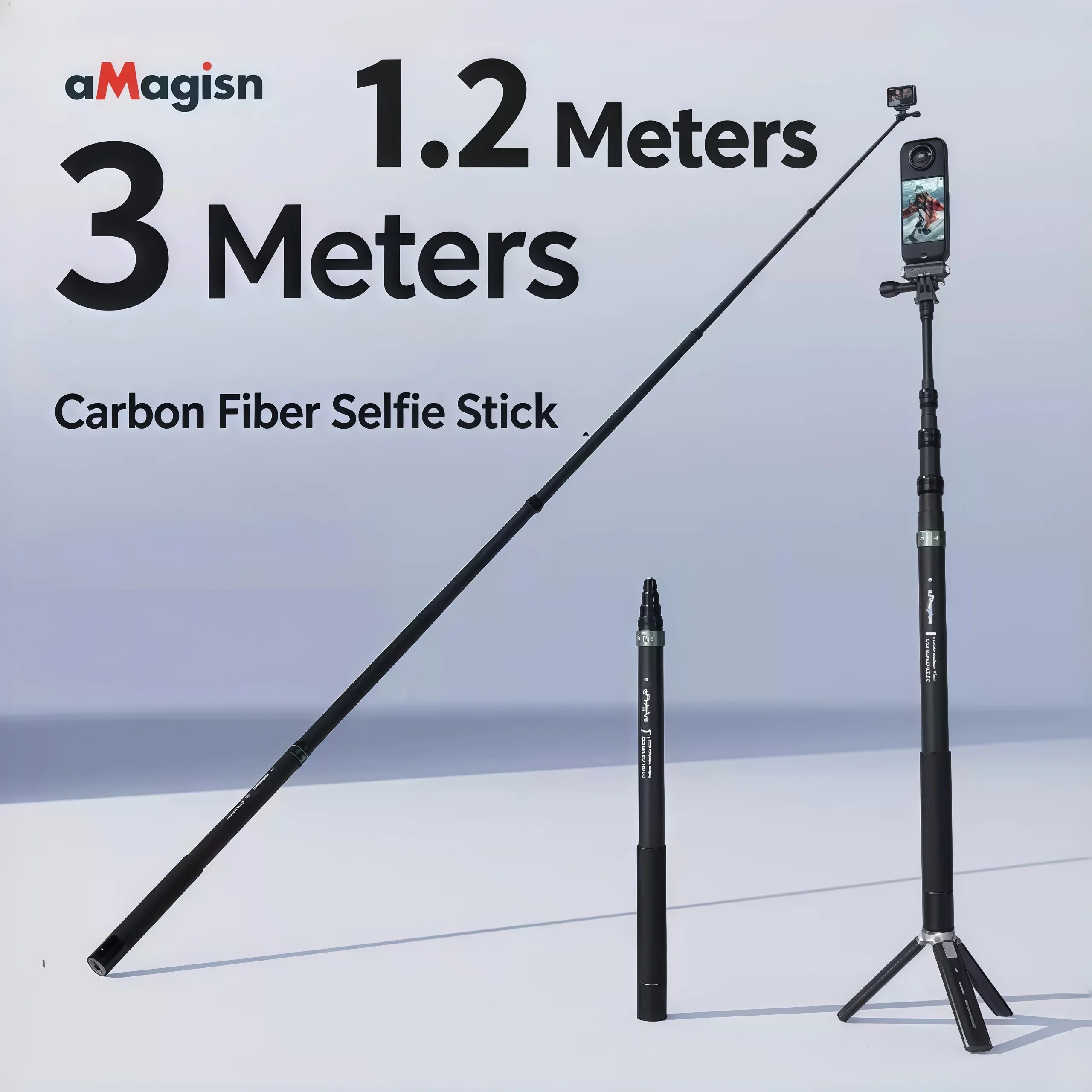 Amagisn Carbon Fiber Selfie Stick Super Long 3M Xtended Length Insta360X6 X5 Acepro Invisible Extension Selfie Stick Lightweight