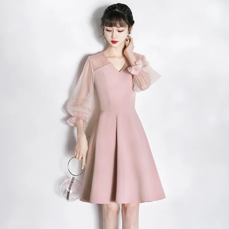 Mini V Neck Skirt Lantern Sleeve Solid Color Toasting Clothes Evening Dress Short Bean Paste Powder Pleated Dress Banquet Dress